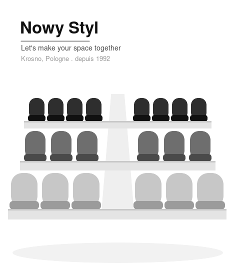 Auditorium Forum Seating de Nowy Styl — rangées de sièges en perspective, monochrome froid (illustration)